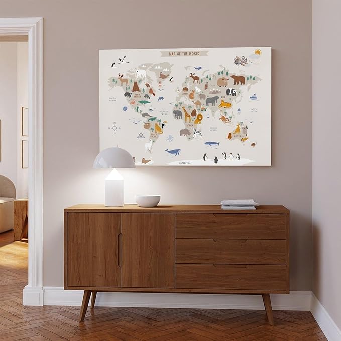KIPNG Kids World Map - Playroom Animal World Map - Nursery Educational Poster Canvas Poster Wall Art Picture Paintings for Living Room Bedroom Decoration Frame-style24x36inch(60x90cm)