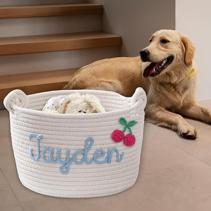 Personalized Dog Toy Basket - Custom Storage Box With Pet's Name, Rope Woven Organizer With Handles, Cute Bin for Cats and Dogs - Grey