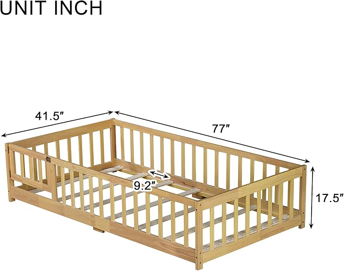 Bellemave Twin Size Floor Bed Frame with Fence and Door for Kids, Montessori Floor Bed with Slats and Safety Guardrails,Solid Wood Twin Bed Frame for Girls Boys,Natural