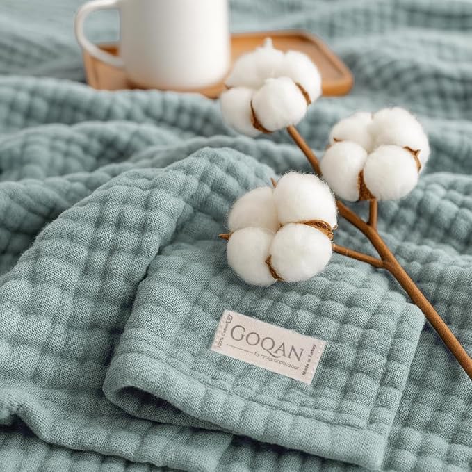 Goqan Muslin Blanket Twin 55x79 – 100% Cotton 4 Layer Boho Muslin Blanket for Adults, Lightweight, Soft, Breathable, for Bed, Couch - Sage Green