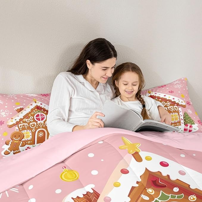 Feelyou Christmas Gingerbread Bedding Set Soft for Boys Girls,Gingerbread House Comforter Set Queen Winter Holiday Decor Duvet Quilt Cute Snowflake Room Decor Pink Decor 3 Pcs with 2 Pillow Cases