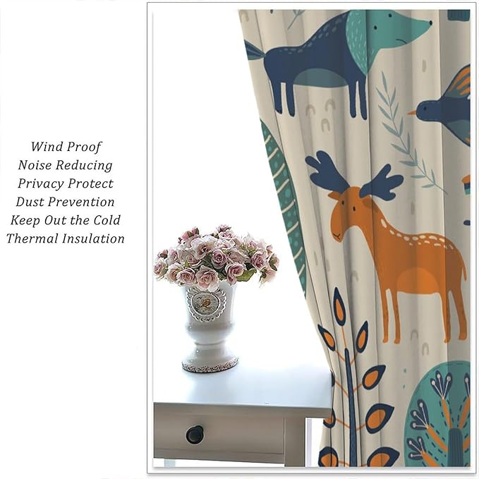 Kids Forest Animal Curtains, Rustic Cartoon Cute Wild Animal Window Treatments Woodland Safari Animal Fox Deer Bear Window Drapes for Girls Boys Nursery Toddler Bedroom 63x63in