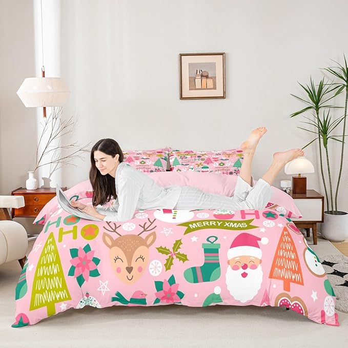 Feelyou Kids Pink Merry Christmas Bedding Set Twin Merry Christmas Tree and Snowman Duvet Cover for Bedroom Decor Xmas Comforter Cover Set Snowflake Holiday Bedspread Cover with 1 Pillow Case