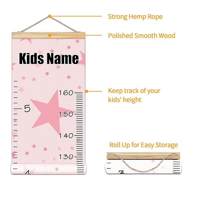 Personalized Kids Name Growth Chart Ruler for Wall Wood Frame Height Measure Chart 13.4x56 in Linen Hanging Height Growth Chart Pink Stars Kids Room Decor