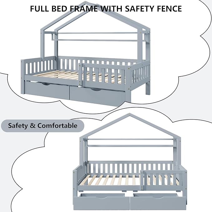 Aoowow Full Size House Bed with Storage Drawers and Shelf, Kids Twin Bed Frame Wooden Platform Bed with Guardrails and Slats for Boys Girls Teens for Bedroom(Grey)