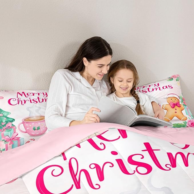 Feelyou Merry Christmas Bedding Set Soft for Boys Girls, Christmas Decor Comforter Set Queen Size Gingerbread Man Duvet Quilt Microfiber Xmas Bedroom Decor 3 Pcs with 2 Pillow Cases