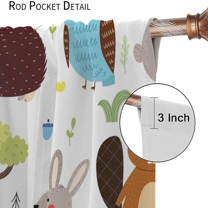 Forest Animals Kids Blackout Curtains Cartoon Cute Bear Deer Squirrel Owl Hedgehog Modern Art Print for Boys Girls Bedroom Living Room Nursery Rod Pocket Decoration Window Drapes 2 Panels W27.5xL63in