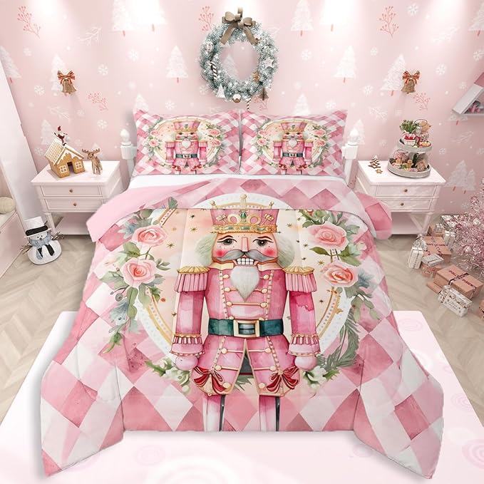 Feelyou Christmas Comforter Set All Season Pink Nutcrackers Bedding Set with 2 Pillow Cases Rose Kids Full Bedclothes Floral Bedroom Decor Funny Nutcracker Duvet Quilt Breathable Soft Lightweight