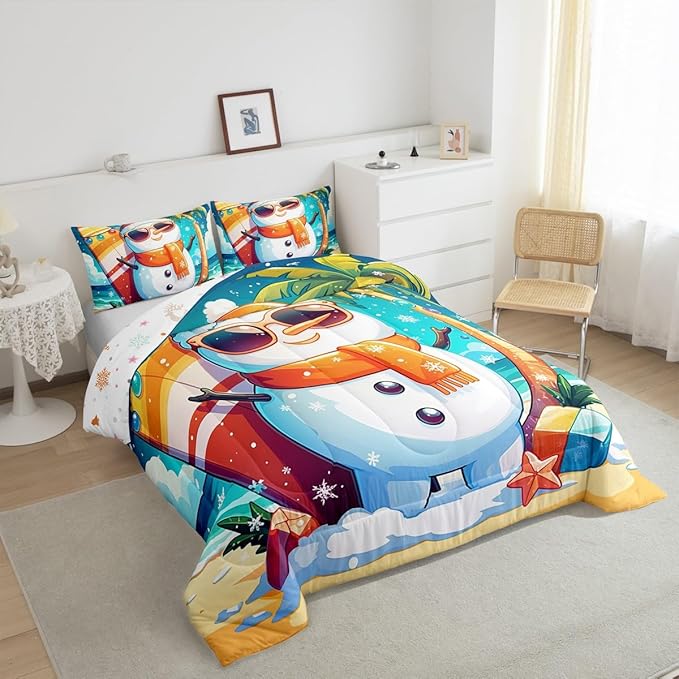 Manfei Cute Snowman Comforter Set Twin Size, Christmas Theme Bedding Set for Kids Boys Girls, Beach Surfboard Palm Tree Down Comforter for All Season, Lightweight Duvet Insert, 1 Pillowcase