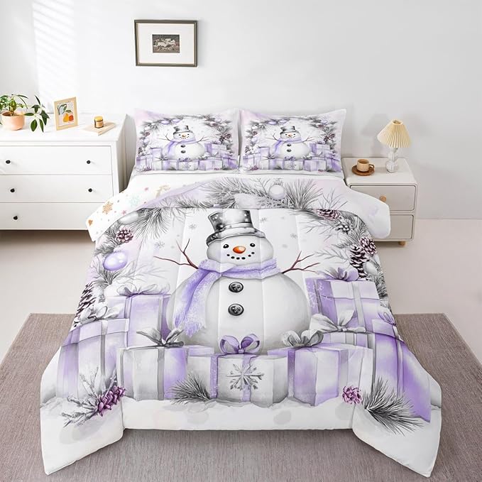 Feelyou Merry Christmas Bedding Set Soft for Boys Girls, Cute Snowman Comforter Set Twin Size Duvet Quilt Microfiber Snowflake Bedroom Decor 2 Pcs with 1 Pillow Cases
