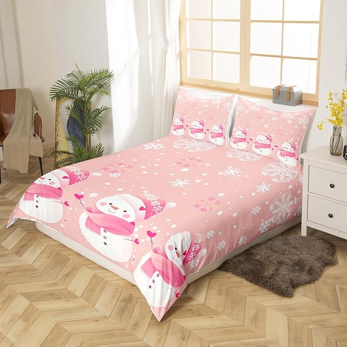 Manfei Kawaii Snowman Duvet Cover Set Twin Size, Cute Pink White Snowflake Comforter Cover with 1 Pillowcase, Christmas Theme Bedding Set 2pcs for Kids Girls Lightweight Bedspread Cover,No Comforter
