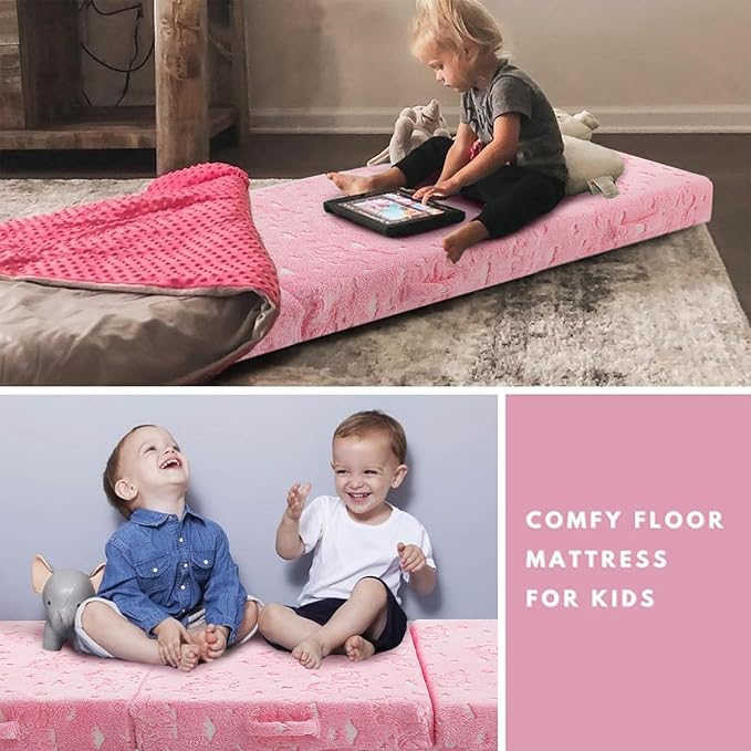 MeMoreCool Glow Unicorn Kids Foldable Floor Mattress – 75x25 Inch Pink, Trifold Nap Mat & Floor Bed | Portable Futon for Toddlers | Includes Storage Bag | Glow in The Dark