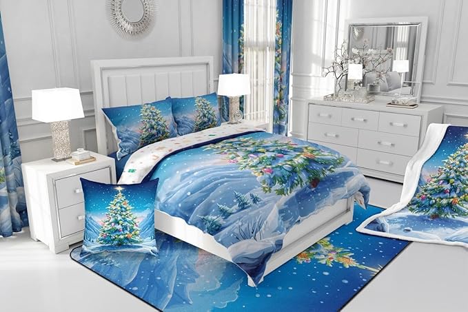 Feelyou Christmas Comforter Set King Size Xmas Tree Bedding Set for Kids Boys Girls Winter Snowflake Duvet Quilt Christmas Tree Ornaments Bedroom Decor Microfiber 3 Pcs with 2 Pillow Cases