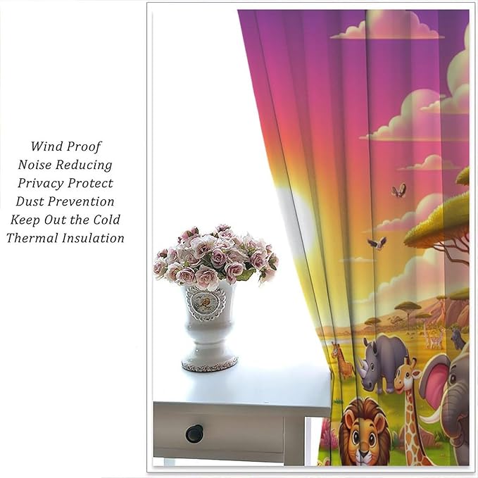 West Animal Curtains Kids Boys Girls Window Treatment Africa Cartoon Animals Lion Elephant Giraffe for Nursery Baby Bedroom Playroom Decor Window Drapes 72" W X 63" L