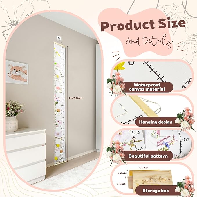 Wild Natural Flowers Baby Growth Height Chart with Keepsake Box Hook Pen Set 79 Inches Removable Ruler Measuring Chart Waterproof Canvas Measure Removable Wall Decor for Baby Kids Toddlers