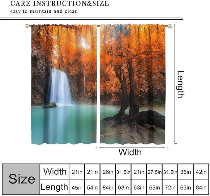 Forest Waterfall Blackout Curtains, Fall Leaves Trees Jungle Autumn Stream Country Nature Landscape Scenery Window Drapes, for Bedroom Living Room 42" W X 54" L