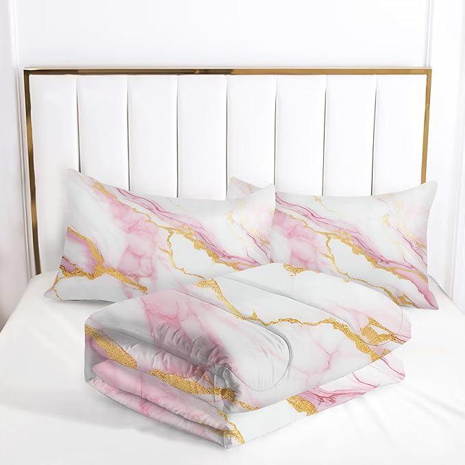 Comforter Set Pink Marble: King Size Bedding Sets for Women Girls Teens Bedroom Luxury Pink Gold Glitter Abstract Marbling Pastel Bed Set 1 Comforter & 2 Pillowcases