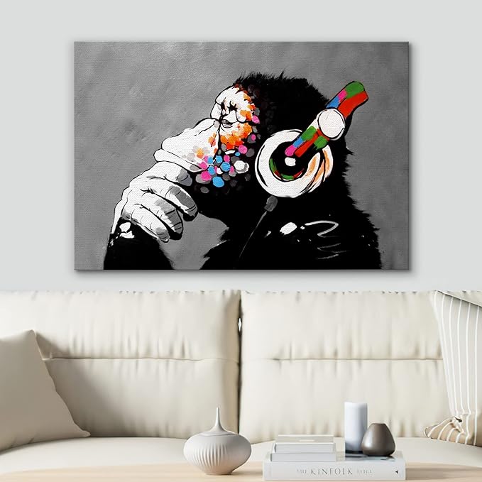 SIGNWIN Framed Canvas Wall Art Banksy Thinking Monkey with Headphones Graffiti & Street Art Famous People Pop Art Modern Urban Multicolor for Living Room, Bedroom, Office - 24x36 inches