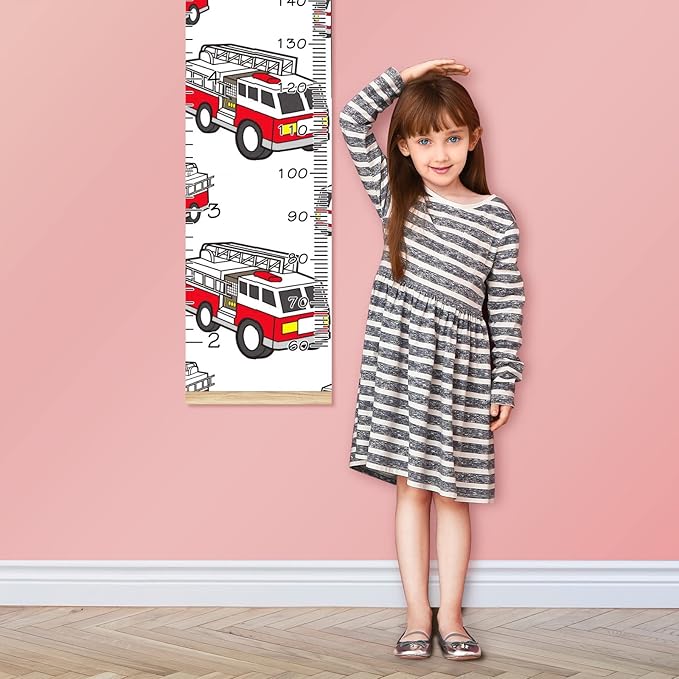 Personalized Kids Name Growth Chart Ruler for Wall Wood Frame Height Measure Chart 13.4x56 in Linen Hanging Height Growth Chart Fire Truck Kids Room Decor