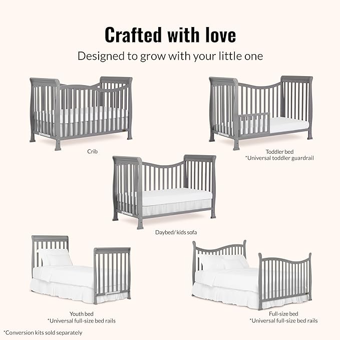 Dream On Me Violet 7-in-1 Convertible Full-Size Baby Crib with Toddler, Day & Full Bed Conversion in Steel Grey, GreenGuard Gold & JPMA, 4 Mattress Heights, Sustainable Pinewood