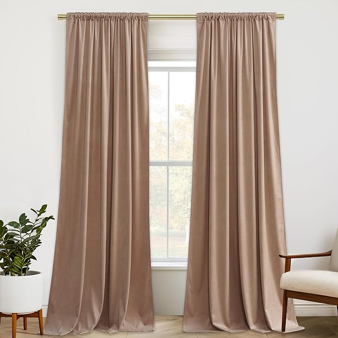 StangH Blush Beige Velvet Curtains 132 inches Long High Ceiling Tall Curtains Back Tab Thermal Insulated Window Door Drapes for Living Dining Room Office, W52 x L132, 2 Panels