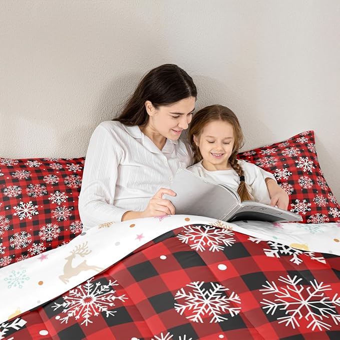 Feelyou Christmas Comforter Set Twin Size Red Black Plaid Bedding Set for Kids Boys Girls Winter Snow Duvet Quilt Snowflake Red Bedroom Decor Microfiber 2 Pcs with 1 Pillow Cases