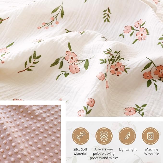 BOPRIO Muslin Baby Blankets for Girls Super Soft Nursery Minky Blankets with Breathable Muslin Cotton Front and 3D Touch Dotted Fleece Backing, Pink Floral Printed Bed Throws Newborn 30 x 40 Inch
