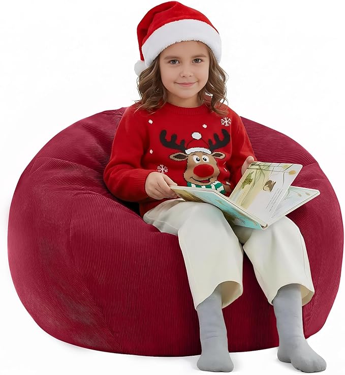 Nobildonna 3 ft Bean Bag Chair Cover (No Filler) 35"×43" Large Stuffed Animal Storage Bean Bag Washable Big Beanbag Chair Cover Premium Corduroy Bean Bag Cover for Adults,Kids,Wine Red 300L
