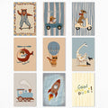 9 Pieces Nursery Animals Canvas Wall Art, Kids Room Cute Bear Dog Cat Giraffe and Bunny Picture, Skateboard Cars Rocket and Hot Air Balloon Poster for Boys Bedroom Playroom 8x12in Unframed
