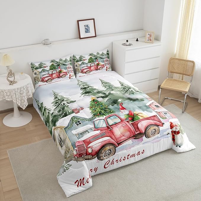 Red Old Truck Bedding Set Full Size,Christmas Tree Gnome Comforter Set for Kids Boys Girls Room Decor,Snowman Winter Rustic Style Duvet Insert 3Pcs,Merry Christmas Retro Quilt Set,2 Pillowcases