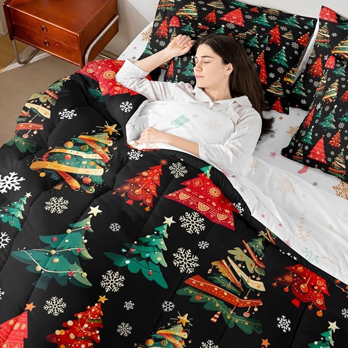 Erosebridal Black Christmas Bedding Set King Red Green Christmas Tree Comforter Set 7 Piece Xmas Forest Pine Trees Bed in A Bag for Adults Winter Xmas Snowflake Quilt with Flat Fitted Sheet