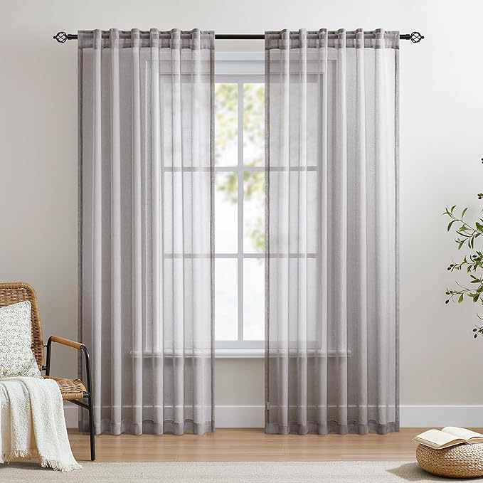 Dreaming Casa Grey Sheer Curtains 84 Inches Long, Rod Pocket & Back Tab Light Filtering Textured Sheers for Living Room Bedroom, 2 Panels, Each 52" W x 84" L