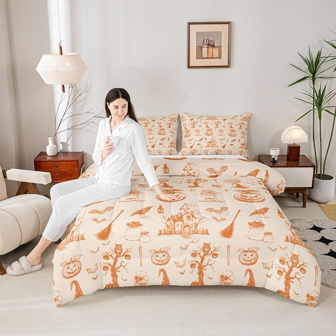 Erosebridal Halloween Bedding Set Orange Pumpkin Bat Comforter Set King Size,Vintage Halloween Decor Quilt for Kids Boys Girls Adults Happy Festival Themed Duvet Insert