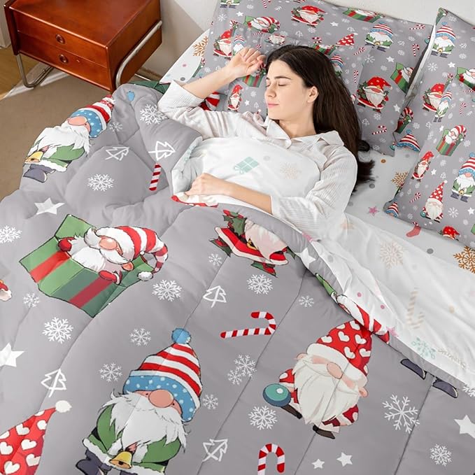 Christmas Gnomes Comforter Set With Sheets 7 Piece King Size Cute Snowflakes Candy Bedding Set for Kids Boys Girls Grey Bed in a Bag Reversible Xmas Decor Room Decor Soft Lightweight Microfiber