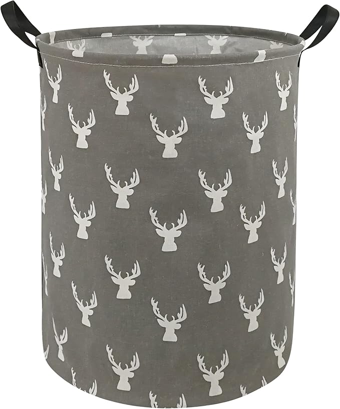 KUNRO Round Laundry Gift Basket Storage Hamper, Kids Toys and Clothes Storage Organizer Bins, Toy Shelf Basket with Handles for Room Decor (Grey deer)