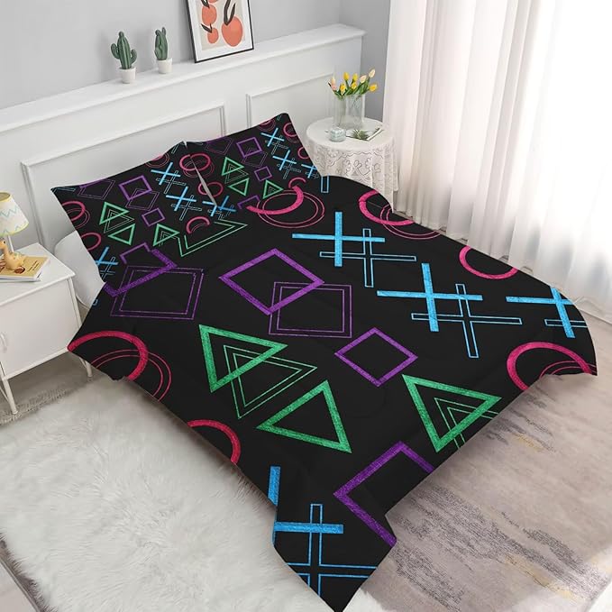 Game Comforter Set Full/Queen Size Geometric Bedding for Kids Boys Men Black Abstract Bedroom Decor Quilt Bed Sets, 1 Comforter 2 Pillowcases