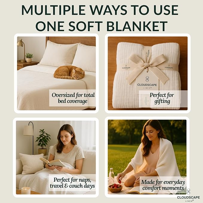 Cloud Scape Linen Extra Large 4 Layer Muslin Throw Blanket - 100% Cotton Gauze, Lightweight & Breathable All Season, Pre-Washed, for Couch & Bed, 50x70, White