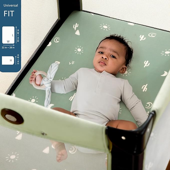 Pack n Play Sheets Fitted 2 Pack, Stretchy Ultra Soft Jersey Knit Pack and Play Sheets, Universal Fitted Portable/Mini Crib Mattresses Snug and Safe, Cute Sunny Holiday Print