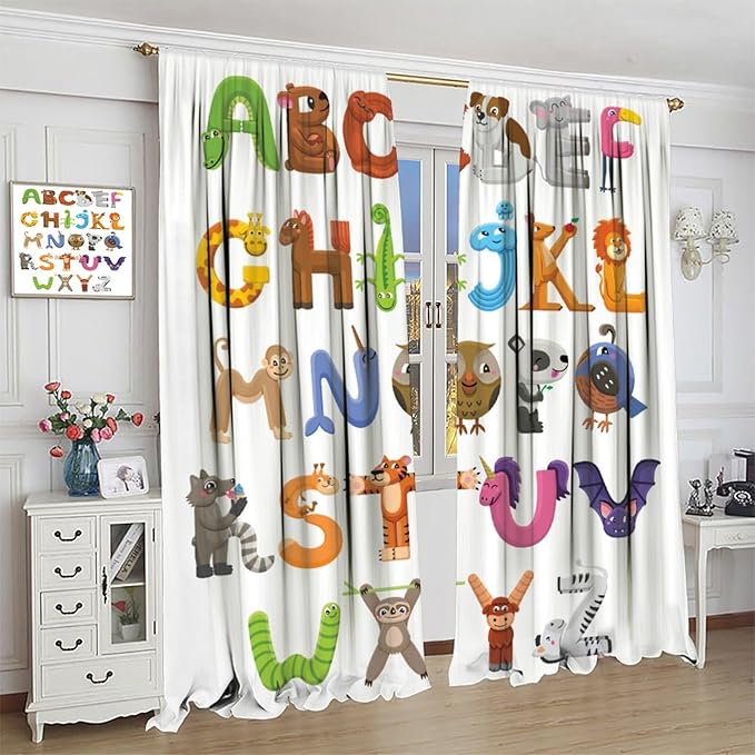 Kids Alphabet Curtains Cartoon Animal Baby Children Funny Learning Educational Curtain with Rod Pocket for Bedroom Nursery Decor Drapes Window Treatments 2 Panels Set 42x54 Inch