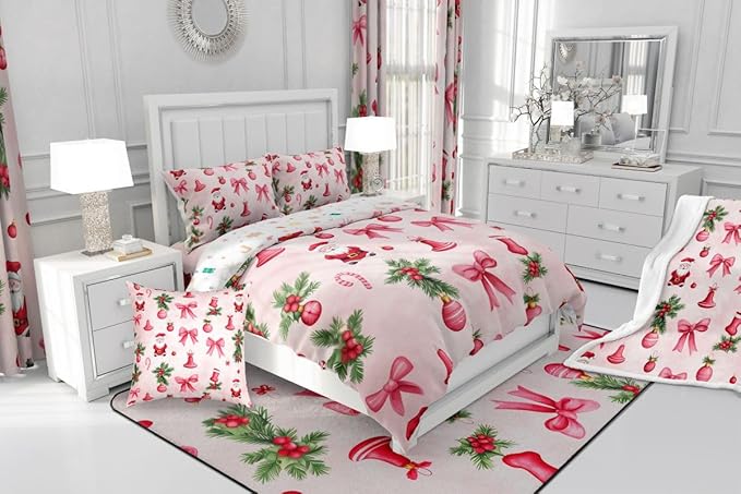 Feelyou Santa Claus Bedding Set Soft for Boys Girls, Pink Bow Comforter Set King Size Christmas Ornament Duvet Quilt Microfiber Candy Cane Bedroom Decor Holly Berry 3 Pcs with 2 Pillow Cases