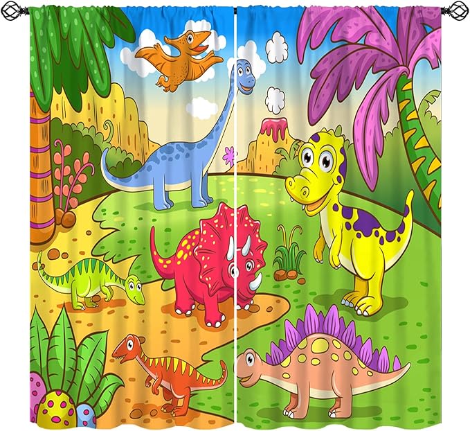 Cute Dinosaur Curtains, Colorful Cartoon Dino Pattern Window Treatments, Rod Pocket Thermal Insulated Drapes 2 Panel Sets for Kids Bedroom Nursery Classroom, 42" W X 45" L【Decor】