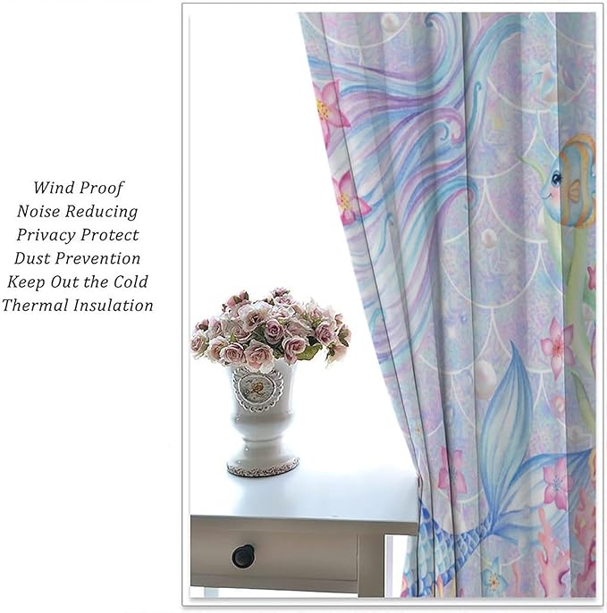 Mermaid Curtains for Girls Children Pink Sea Animal Mermaid Coral Bedroom Curtains for Living Room Room 42x44 Inch