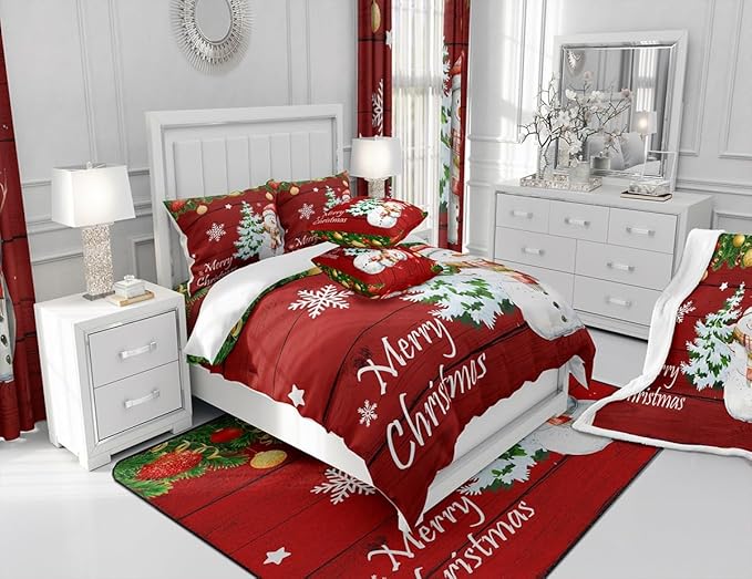 Manfei Christmas Duvet Cover Set Full Size, Cute Snowman Tree Print Comforter Cover with 2 Pillowcases, New Year Theme Rustic Style Xmas Bedding Set 3pcs for Kids Boys Girls Bedroom Decor,No Comforter