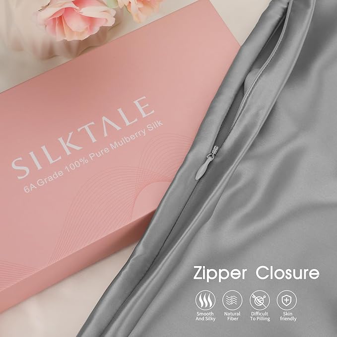 100% Mulberry Silk Zippered Bed Pillowcase for Hair and Skin,Zip Up Real Silk Large Pillow Case,19 Momme Grade 6A,1pc,Silver Grey,Super King Size 20x36 Inches
