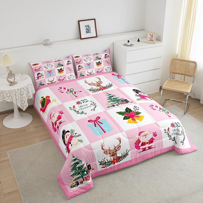 Erosebridal Merry Christmas Comforter Set for Kids Christmas Tree Quilt Queen Size with 2 Pillow Cases Santa Claus Xmas Decor Bedding Set Kawaii Snowman Bedding Comforter Sets,Pink