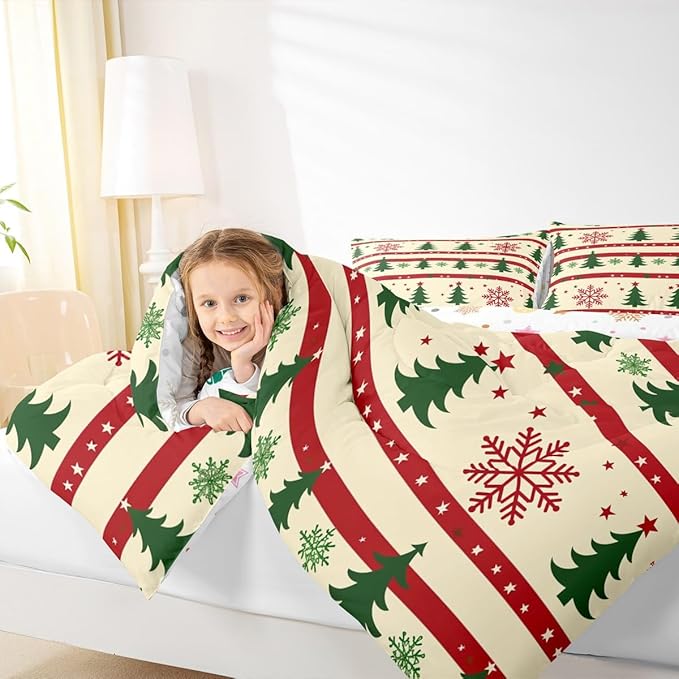 Feelyou Christmas Bedding Set Soft for Boys Girls, Xmas Tree Comforter Set Twin Size Snowflake Star Duvet Quilt Microfiber New Year Theme Bedroom Decor 2 Pcs with 1 Pillow Cases