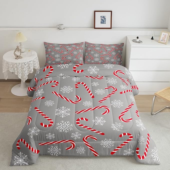 Erosebridal Xmas Candy Cane Twin Bedding Set 7 Piece,Merry Christmas Bed in A Bag for Kids Boys Girls,Winter Snowflake Comforter Set Grey Christmas Ornaments Sheet Set with Comforter