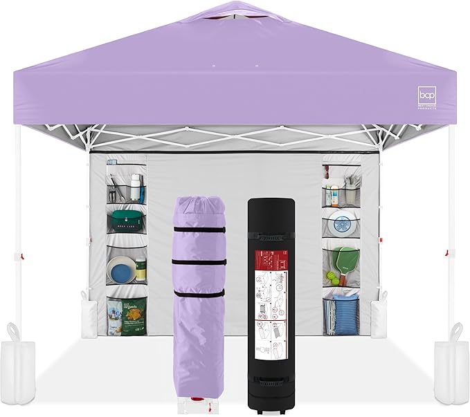 Best Choice Products 10x10ft Easy Pop Up Canopy w/Side Wall, 10 Pockets, Portable Carrying Case, 1-Button Setup, 4 Weight Bags - Lilac/White
