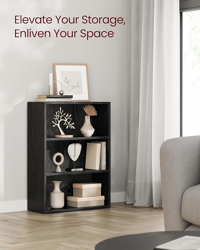 VASAGLE Custos Collection - Bookshelf, 3-Tier Bookcase, Book Shelf, Open Storage Shelf, 9.4 x 23.6 x 32 Inches, for Living Room, Home Office, Dinning Room, Ebony Black ULBC163T56