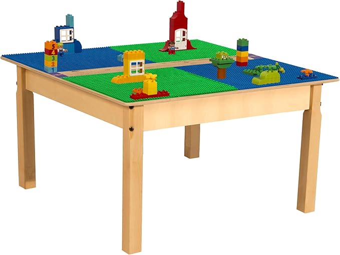 Contender Time-2-Play 35" Square Blue and Green Birch Plywood Montessori School Activity Compatible with Duplo Table with Trough for Kids with 18" Long Wood Legs